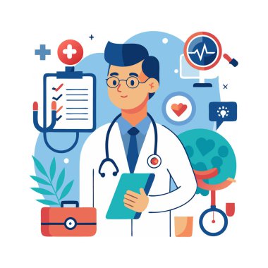 Çeşitli tıbbi araçlar ve sağlık ikonları ile çevrili bir pano tutan bir doktorun vektör çizimi.