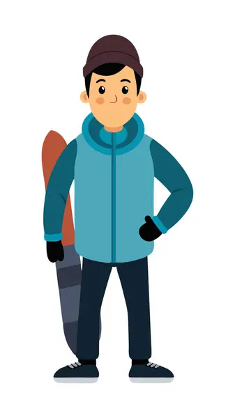 stock vector Cartoon illustration of a smiling young man holding a snowboard and wearing a winter outfit, ready for snowboarding adventure.