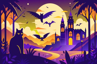 Arka planda büyük bir ay olan bir kalenin önünde bir kedi duruyor. Gökyüzü yarasalarla ve diğer yaratıklarla dolu.