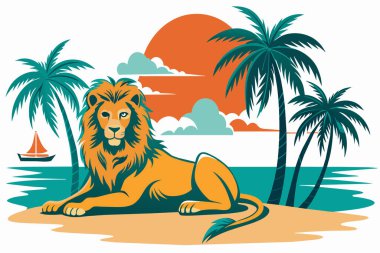Bir aslan sahilde bir tekne ve palmiye ağaçlarının yanında yatıyor. Sahne huzurlu ve rahatlatıcı.