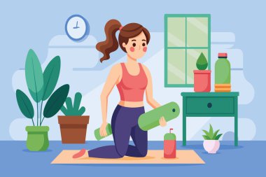 Yoga minderi seren kadın, kapalı alanda bitki ve meyve suyu ile egzersiz yapıyor..