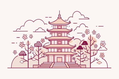 Kiraz çiçekleri açan Japon pagodasının stilize edilmiş çizimi.