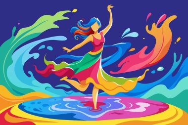 Bir kadın renkli lekelerle dolu bir su havuzunda dans ediyor. Görüntü canlı ve hayat dolu bir ruh haline sahip, kadının renkli elbisesi ve su damlaları genel eğlence duygusunu artırıyor.