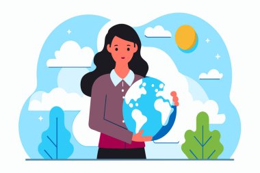 A cartoon of a woman embracing a globe against a stylized outdoor backdrop. clipart