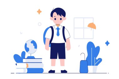 Cartoon boy with a backpack stands by books and a globe, ready for school. clipart