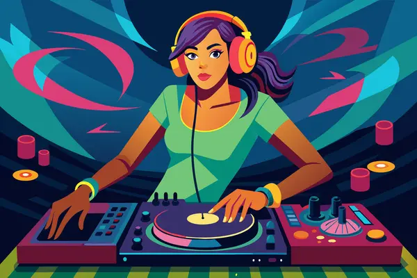 stock vector A DJ plays music on a turntable at a lively party.