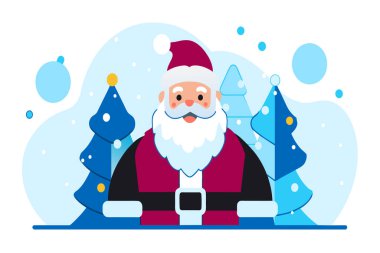 A cheerful cartoon Santa against a backdrop of blue Christmas trees. clipart