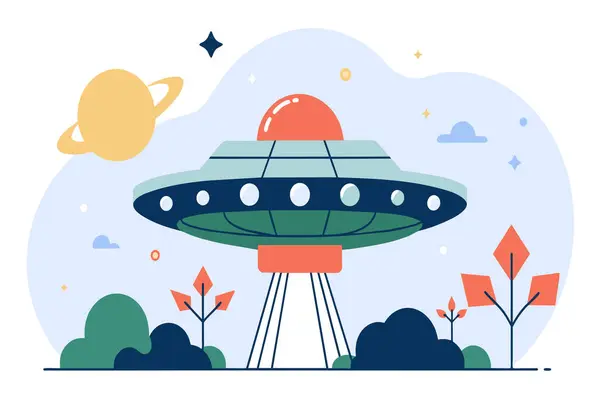 Stock vector Stylized UFO hovers above vibrant trees under a sunny sky.