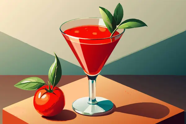 stock vector A stylized drink in a martini glass beside a ripe tomato and basil.