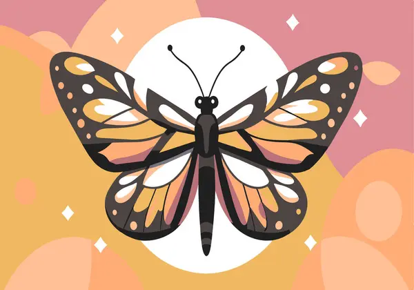 stock vector A butterfly with orange and black wings is sitting on a yellow background. The butterfly is the main focus of the image, and the colors of the butterfly and the background create a warm