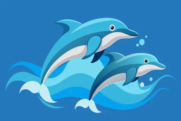 stock vector Two dolphins are jumping through the ocean waves.