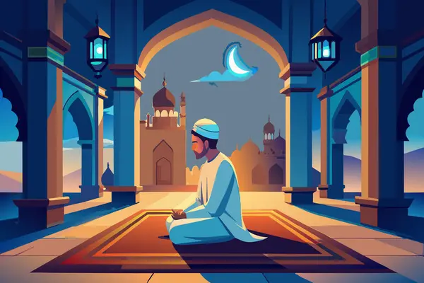 stock vector Man in traditional attire praying inside a mosque at dusk.