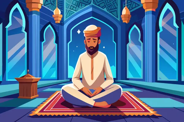 stock vector Man in white clothing meditates calmly on ornate rug.