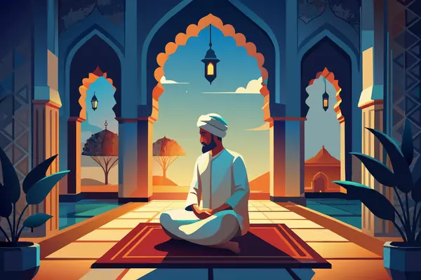 stock vector A man meditates peacefully on a prayer rug at sunrise.