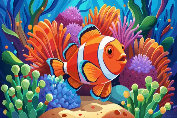 stock vector A bright clownfish explores the lush underwater environment.