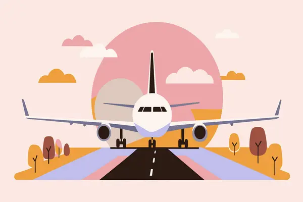 Stock vector Airplane on a runway with a colorful sunset backdrop.