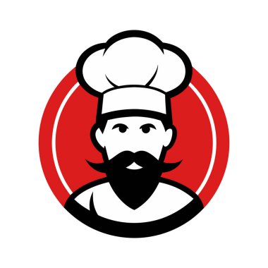 Siyah-beyaz şef logosu, kırmızı daireli arka planda duran, şapkalı, sakallı bir şef..
