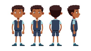 Illustration of an animated school boy character wearing a uniform shown in multiple angles from front, back, and side views. clipart