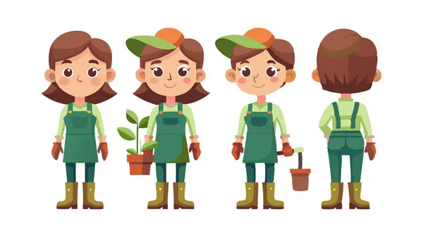 stock vector Cartoon gardener characters in various poses, holding potted plants and gardening tools, wearing green overalls and gloves.