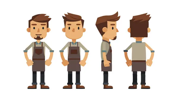 stock vector Cartoon character design of a male worker in uniform with various angles including front, side, and back views. Perfect for animation and character design.