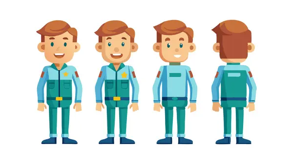 stock vector Vector illustration of a cartoon police officer character shown from different angles for animation projects.