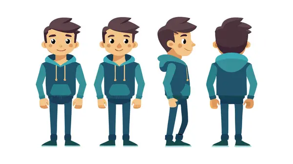 stock vector Illustration of young adult male character in four different poses. Front, side, and back views in casual outfit, showcasing multiple perspectives.