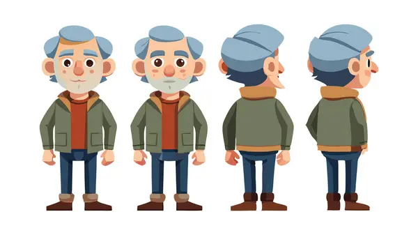 stock vector Illustration of a cartoon elderly man character shown from different angles and poses. Ideal for animation, game design, and character development projects.