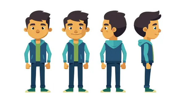 stock vector A man in a blue jacket and blue jeans is shown in four different poses. The man is smiling in the top right corner