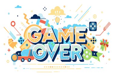 A vibrant Game Over graphic with retro gaming icons. clipart