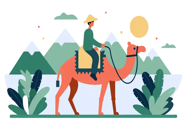 stock vector A traveler on camelback journeys through a tranquil desert scene.