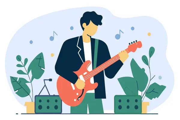 Stock vector A man is playing a guitar while standing in front of a plant.