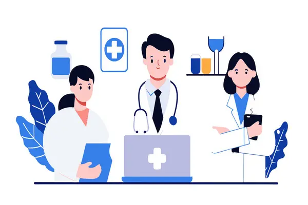 stock vector Healthcare professionals collaboratively working at a clinic station.