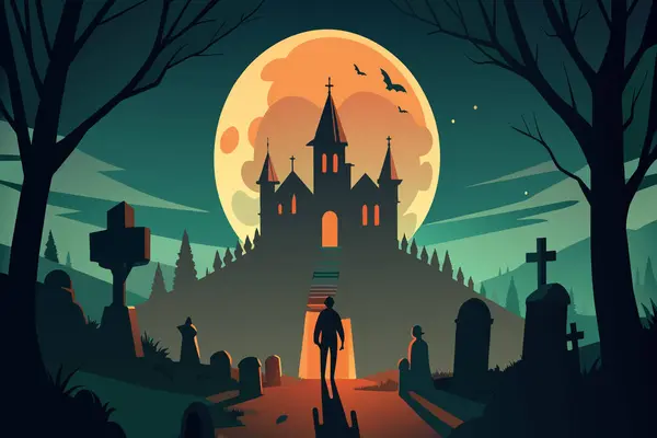 stock vector A lone silhouette stands before a gothic church in a graveyard under a full moon.