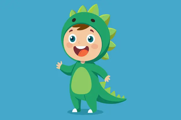 stock vector A smiling kid in a cute green dinosaur outfit waves hello.