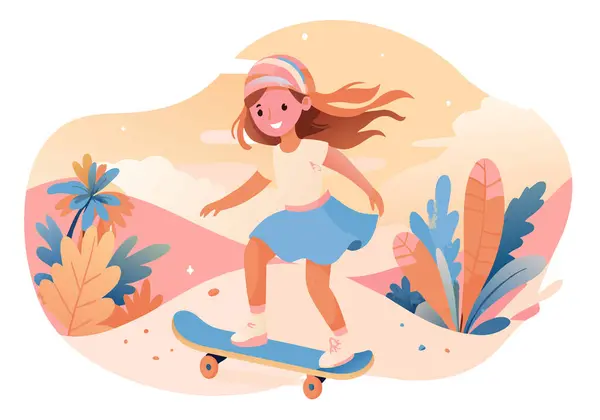 stock vector A girl is riding a skateboard in a lush green forest. She is smiling and she is enjoying herself