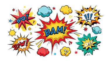 BAM!, POW!, BO! gibi çeşitli patlama kabarcıkları ve onomatopoetik ifadelerin yer aldığı canlı, komik-stil bir illüstrasyon ve daha renkli arkaplan elementleri ile daha fazla.