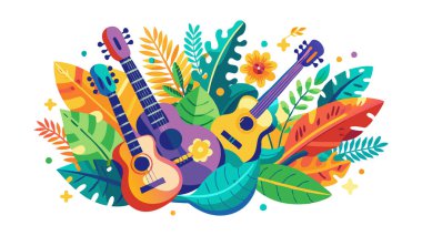 Renkli tropikal yapraklar ve çiçekler üzerinde uzanan üç renkli gitar yaz tatillerini ve müzik festivallerini çağrıştırıyor.
