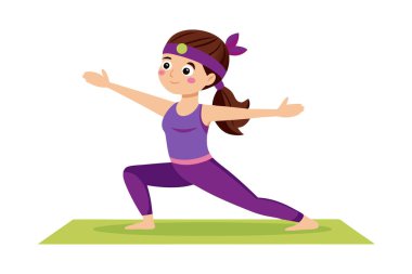 Bir kız minderde yoga yapıyor. O, mor bir bluz ve mor pantolon giyiyor. Gülümsüyor ve yukarı bakıyor.