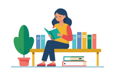 Bir kadın bankta oturmuş kitap okuyor. Bankın etrafı kitaplarla çevrili.