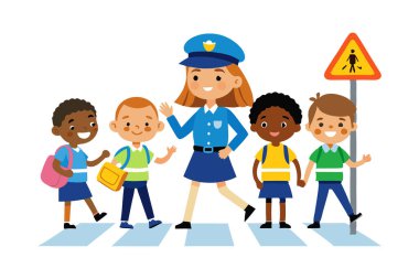 Mavi polis şapkalı bir kadın bir grup çocuğu caddeden karşıya geçiriyor. Çocukların hepsi gülümsüyor ve bu deneyimden zevk alıyor gibi görünüyorlar. Güvenlik ve güvenlik kavramı