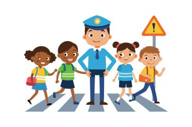 Mavi üniformalı bir adam bir grup çocuğun önünde duruyor. Çocuklar caddenin karşısına geçiyorlar.