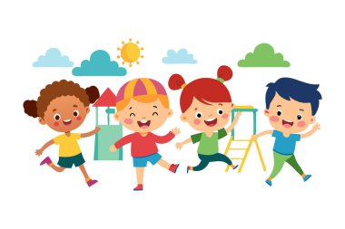 Bir grup çocuk parkta oynuyorlar. Hepsi gülümsüyor ve eğleniyorlar. Sahne parlak ve neşeli, güneş üzerlerine doğuyor.