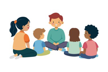 Bir grup çocuk, ortada bir adamla bir çember içinde oturuyor. Çocuklar gülümsüyor ve eğleniyor gibi görünüyorlar. Adam muhtemelen öğretmen ya da ebeveyn.