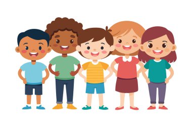 Bir grup çocuk sıraya girip gülümsüyor ve resim için poz veriyor. Çocukların yaşları ve cinsiyetleri farklıdır, bazıları şort, bazıları etek giyer.