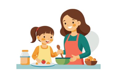 Bir kadın ve küçük bir kız birlikte yemek pişiriyorlar. Kadın önlük takıyor ve kız kaşık tutuyor. Birlikte yemek yapıyorlar ve eğleniyor gibi görünüyorlar.