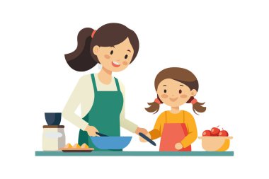 Bir kadın bir çocukla yemek pişiriyor. Kadın bir önlük giyiyor ve çocuk kırmızı bir önlük giyiyor. Meyve salatası yapıyorlar.