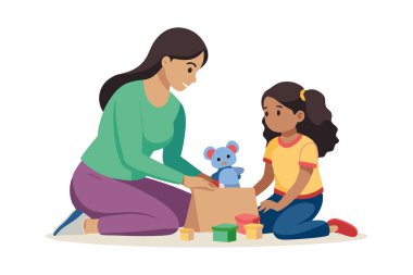 Bir kadın ve bir çocuk doldurulmuş bir hayvanla oynuyorlar. Sahne mutlu ve neşeli.