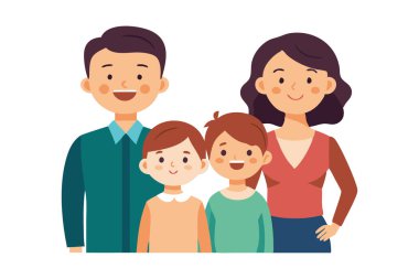 Dört kişilik bir aile gülümsüyor ve bir resim için poz veriyor. Baba mavi bir gömlek giyiyor ve anne kırmızı bir gömlek giyiyor. Çocuklar yeşil gömlek giyiyorlar. Aile mutlu görünüyor.