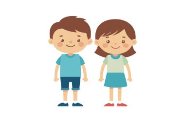 Bir erkek ve bir kız yan yana duruyorlar. Onların her ikisi de gülümsüyor. Oğlan mavi bir gömlek giyiyor ve kız mavi bir elbise giyiyor.