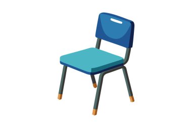 Mavi minderli mavi bir sandalye beyaz arka planda oturur. Sandalye boş ve bacakları görünmüyor.